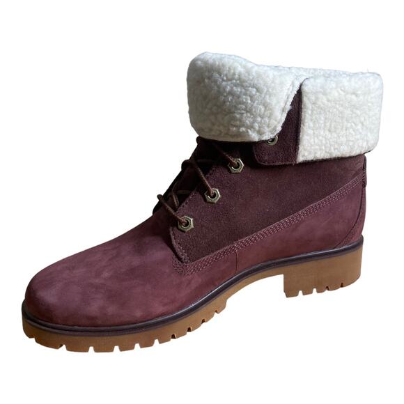 Timberland Jayne Waterproof Teddy Fleece Fold Down Boot in Burgundy  9 - Picture 3 of 5
